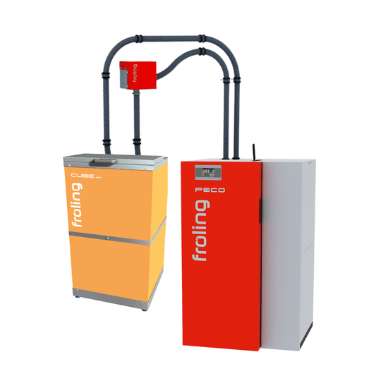 Chaudière à granulés PECO 15 kW avec silo Cube 300 S et flexible d’aspiration 12,5 m - PE15C330