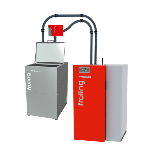 Pack chaudière à granulés PECO 20 kW avec silo Cube 500 S et flexible d’aspiration 12,5 m - PE20C500
