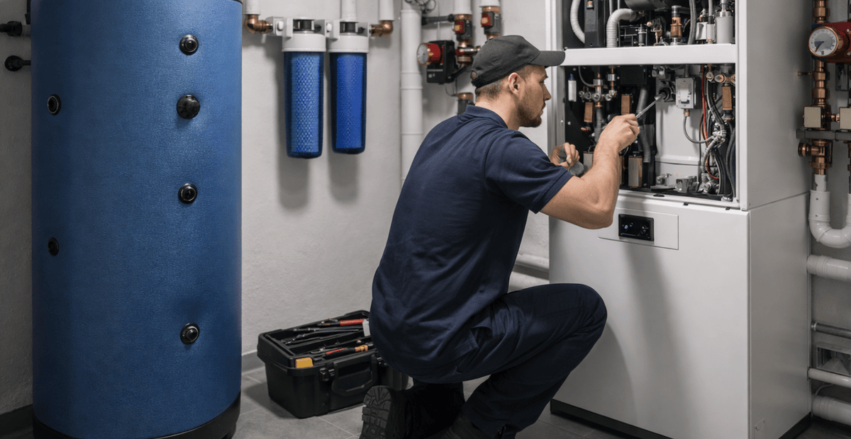 Technicien qui entretient une pompe a chaleur