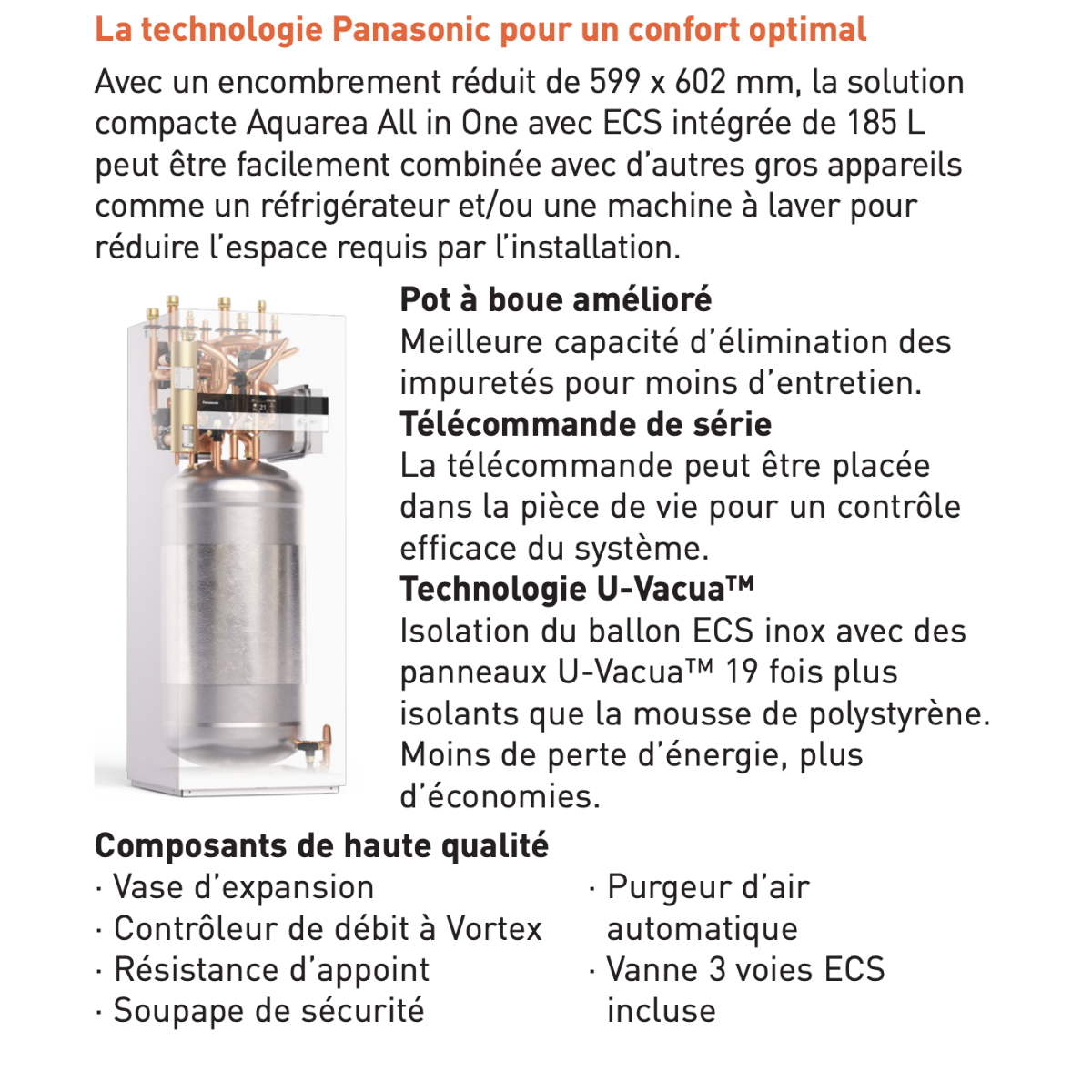 Pompe à chaleur air-eau Panasonic Aquarea T-CAP R290 All in One 185 L - 12 kW Monophasé appoint 3 kW série M