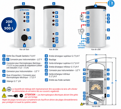 Ballon préparateur d'eau chaude sanitaire 2 échangeurs Thermador PECS052STHE 500 L - PECS052STHE