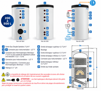 Ballon préparateur d'eau chaude sanitaire 2 échangeurs Thermador PECS052STHE 500 L