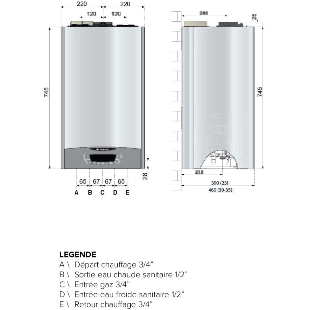 Dimensions de la chaudière murale à condensation CLAS B ONE PLUS 25 kW