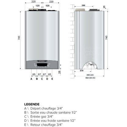 Dimensions de la chaudière murale à condensation CLAS B ONE PLUS 25 kW