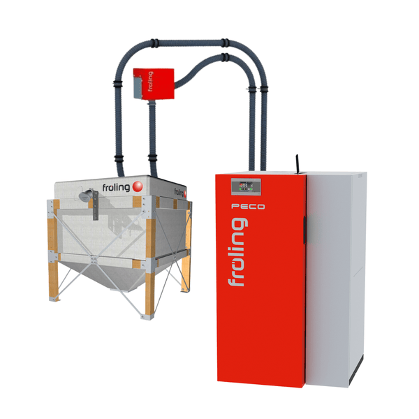 Chaudière à granulés PECO 15 kW avec silo textile 10 et flexible d’aspiration 12,5 m - PE15SAF10