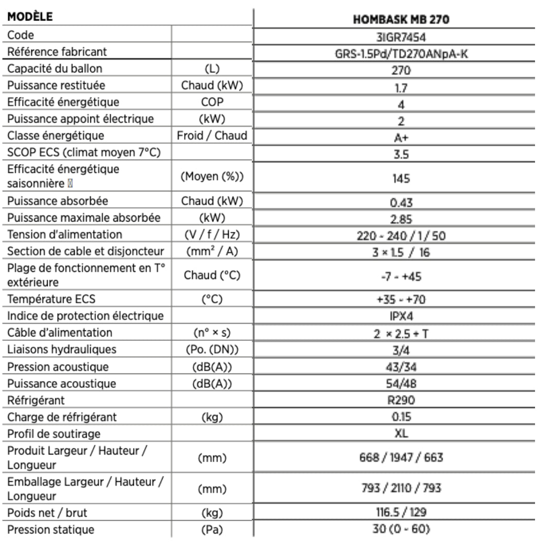 HOMBASK BALLON THERMODYNAMIQUE MONOBLOC MB 270 3IGR7454