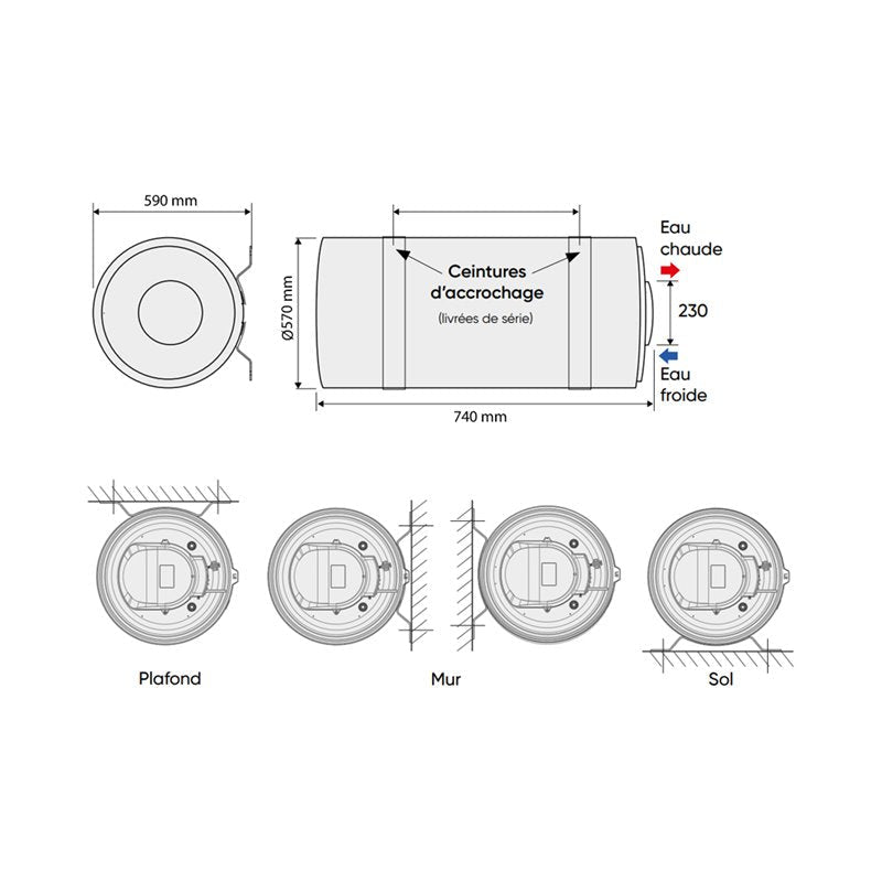 Chaufféo Horizontal mural raccord côté 100 L 590x740x570 mm
