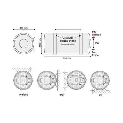 Chaufféo Horizontal mural raccord côté 100 L 590x740x570 mm