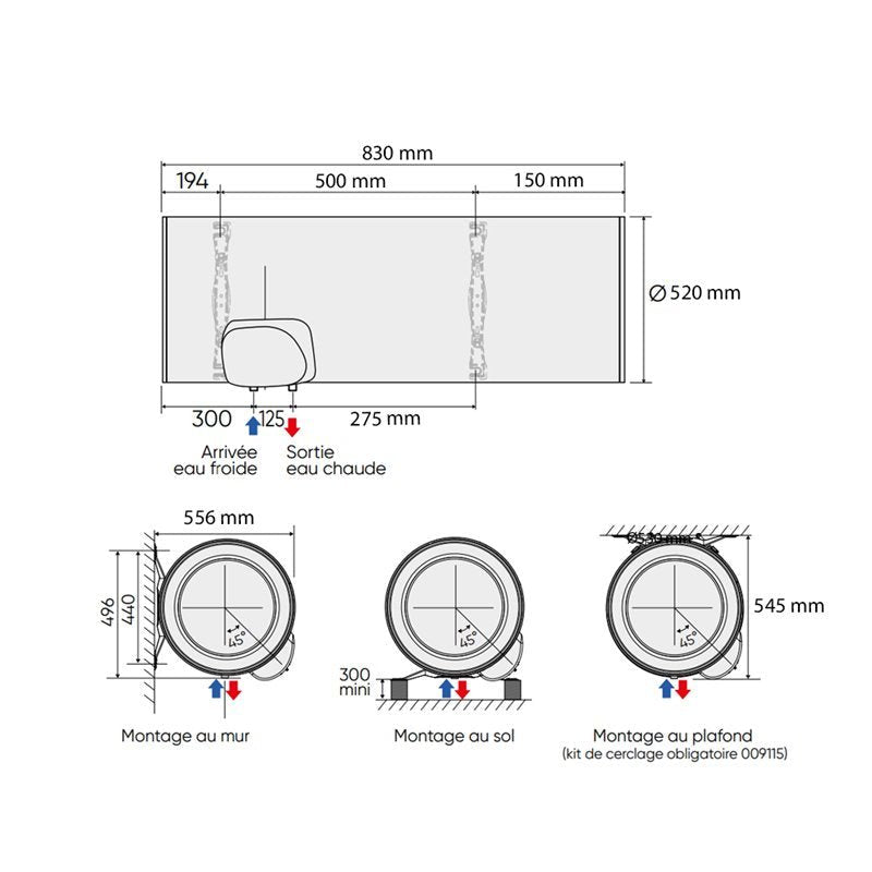 Chaufféo Horizontal mural raccord dessous 100 L 556x830x520 mm