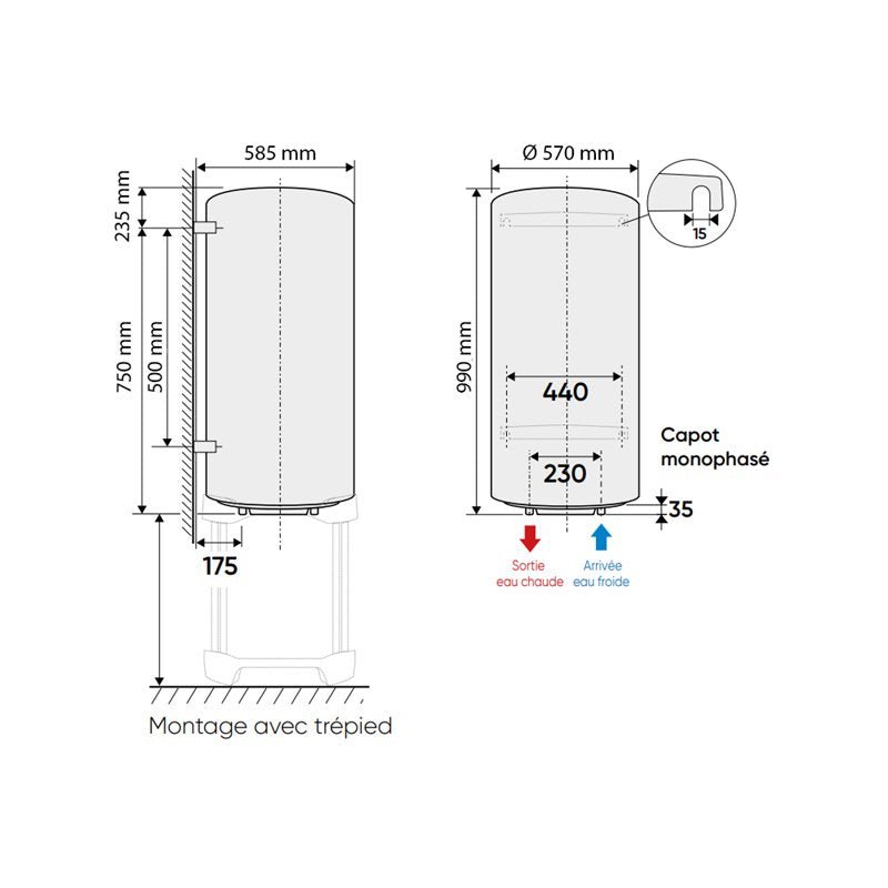 Chaufféo Vertical mural compact 150 L 990x585x570 mm