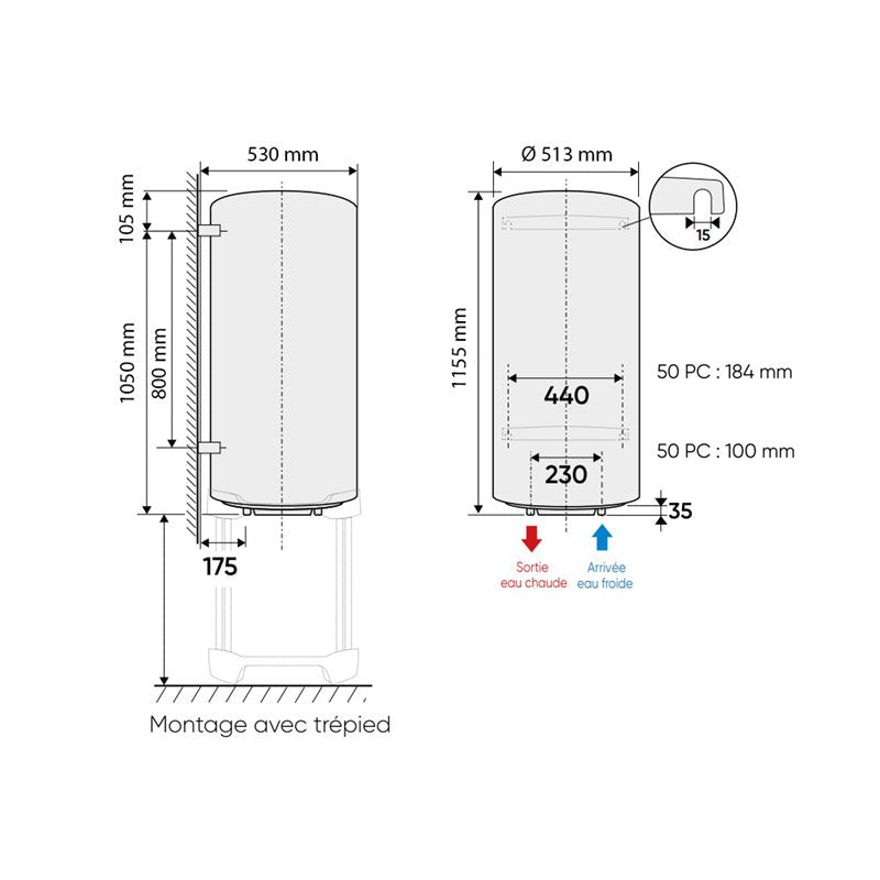Chaufféo Vertical mural standard 150 Litres