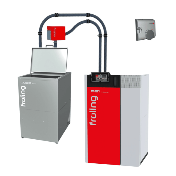 Pack chaudière à granulés PE1 15 kW avec silo Cube 500 S + flexible d’aspiration 12,5 m + sonde d'ambiance - 14203C + 60311 + 13982 + 68124