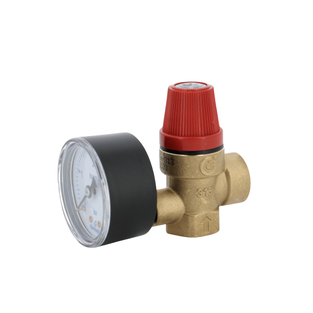 Soupape de sûreté NF avec manomètre 1/2'' FF - 3 bar 100 Kw - S15ZM